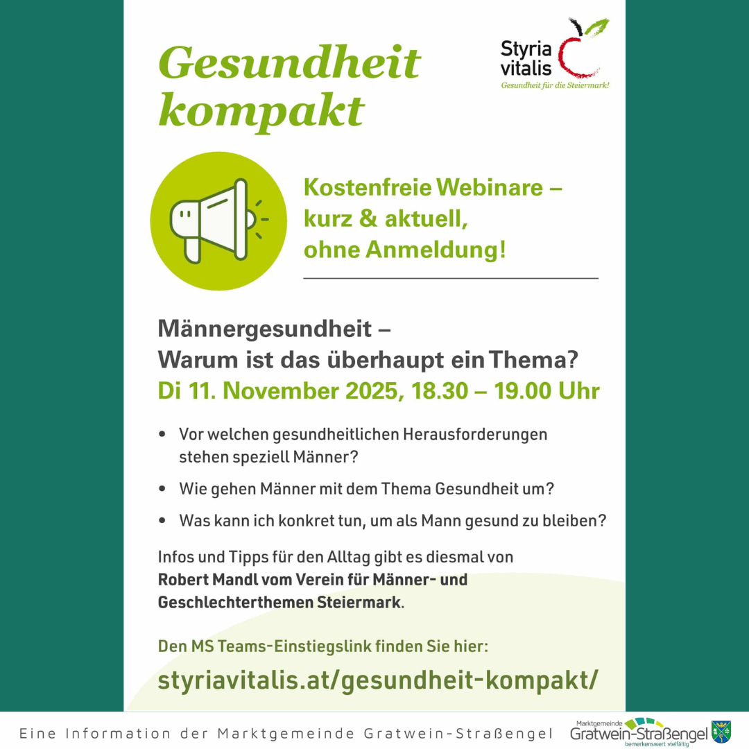 Ein Plakat über ein kostenloses Webinar zum Thema Männergesundheit. Es behandelt spezifische gesundheitliche Herausforderungen, die Männer haben, diskutiert den Umgang von Männern mit Gesundheit und bietet Tipps für die Gesundheit. Die Veranstaltung findet am 11. November 2025 von 18:30 bis 19:00 Uhr statt.