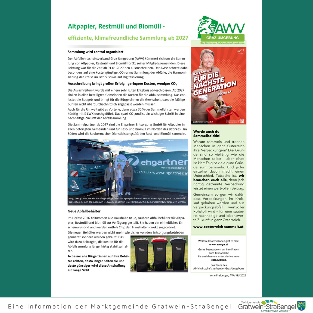 Das Bild zeigt eine Ankündigung für die Sammlung von Abfallmaterialien wie Papier, Recycling und Biomasse im Jahr 2027. Es hebt die Organisation durch den Abfallwirtschaftsverband Graz-Umgebung hervor und die Vorteile eines effizienteren Sammelsystems. Es enthält auch einen Aufruf an die Bewohner, teilzunehmen und CO2-Emissionen zu reduzieren.