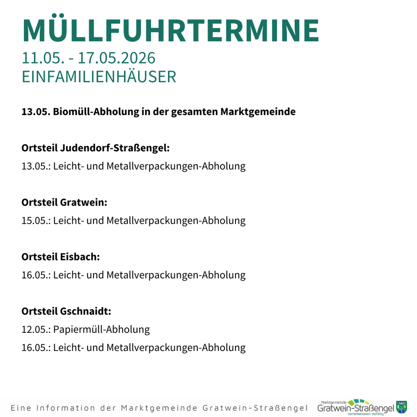 Eine Information über Müllabfuhrtermine in der Gemeinde Gratwein-StraBengen vom 11.05. bis 17.05.2026 für Einfamilienhäuser. Biomüll-Abholung in der gesamten Marktgemeinde. Unterschiedliche Orte und Zeiten für verschiedene Abfallarten.