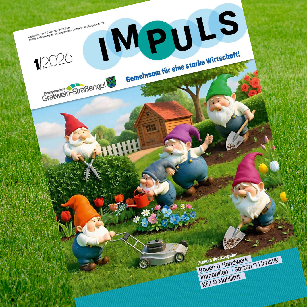 A promotional poster featuring gnomes in a garden. One gnome holds a shovel, another uses a lawn mower, and others engage in gardening. The poster has a blue background with the word 'IMPULS' in large letters and '1/2026' in smaller text.