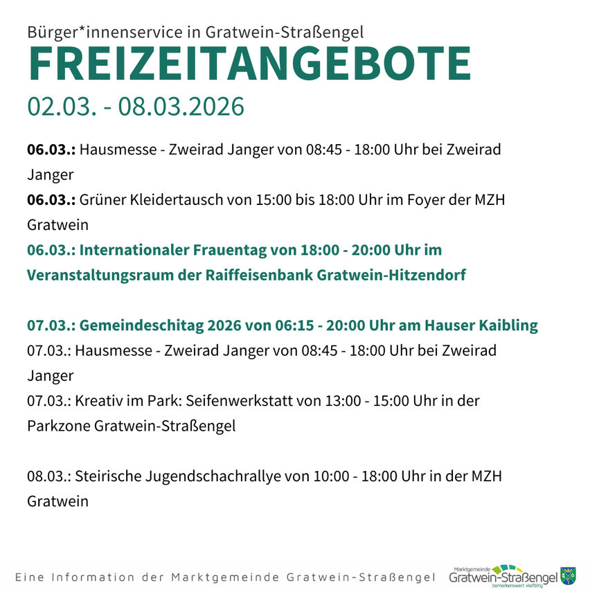 Poster for citizen services in Gratwein-Straßengel. Events from March 2 to March 8, 2026. Includes house meetings, green clothing swap, and international women's day.