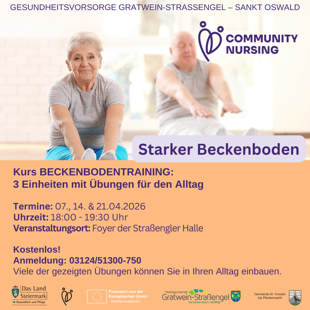A flyer for a free hip-strengthening course, offered by Community Nursing. The course includes three sessions on April 7, 14, and 21, 2026, from 18:00 to 19:30 in the StraBengler Hall. Registration is free, and many exercises can be done at home.