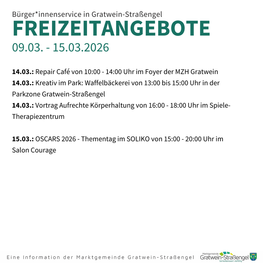 Ein Werbeplakat für 'Freizeitangebote' vom 9. bis 15. März 2026 mit Reparaturcafés, Waffelbackerei, Vorträgen über aufrechte Körperhaltung und Oscars 2026 Themenveranstaltungen.