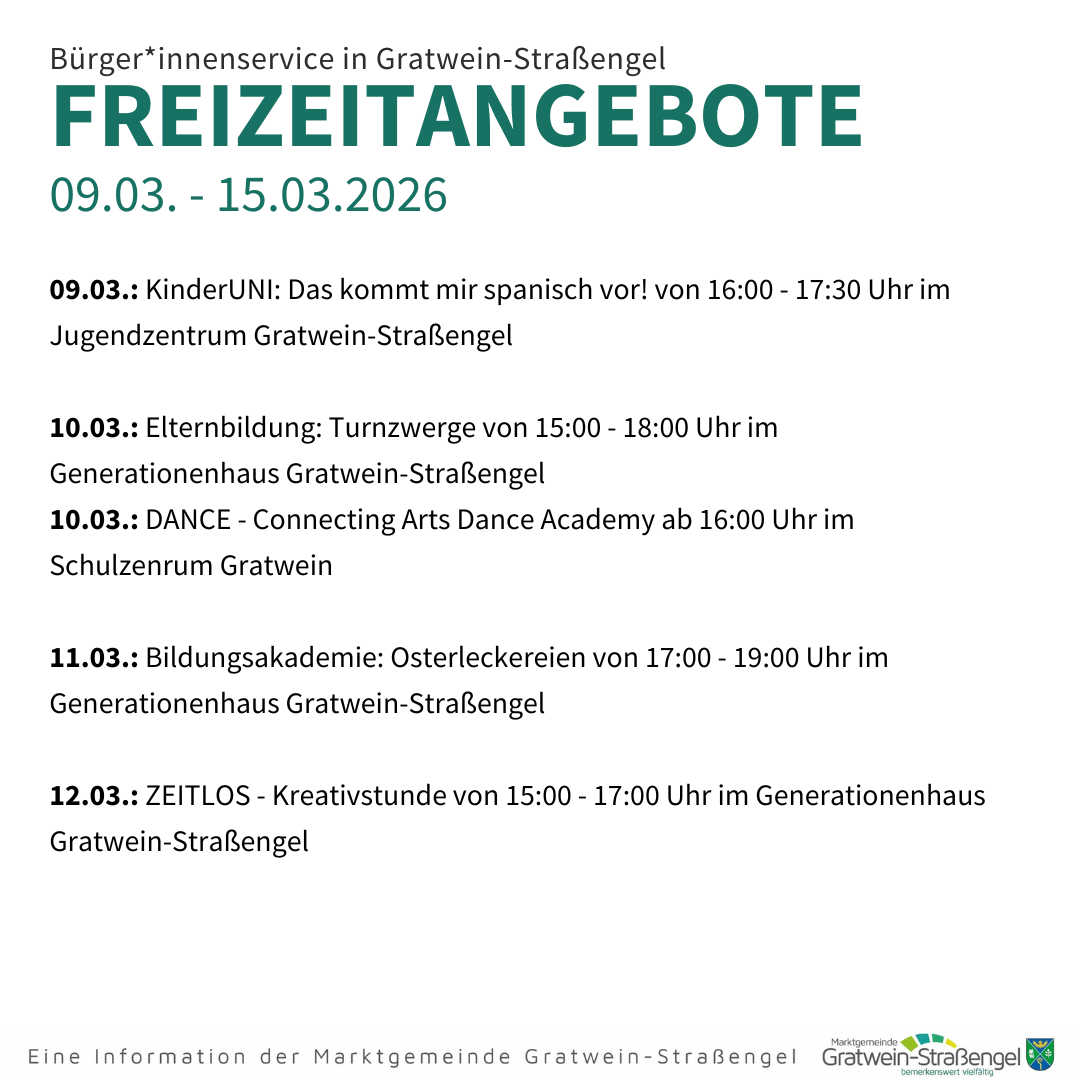 Plakat für Freizeitangebote der Gemeinde Gratwein-Straengel. Aktivitäten umfassen KinderUNI, Elternbildung, Tanz, Bildungsakademie und Kreativstunden vom 9. bis 15. März 2026.