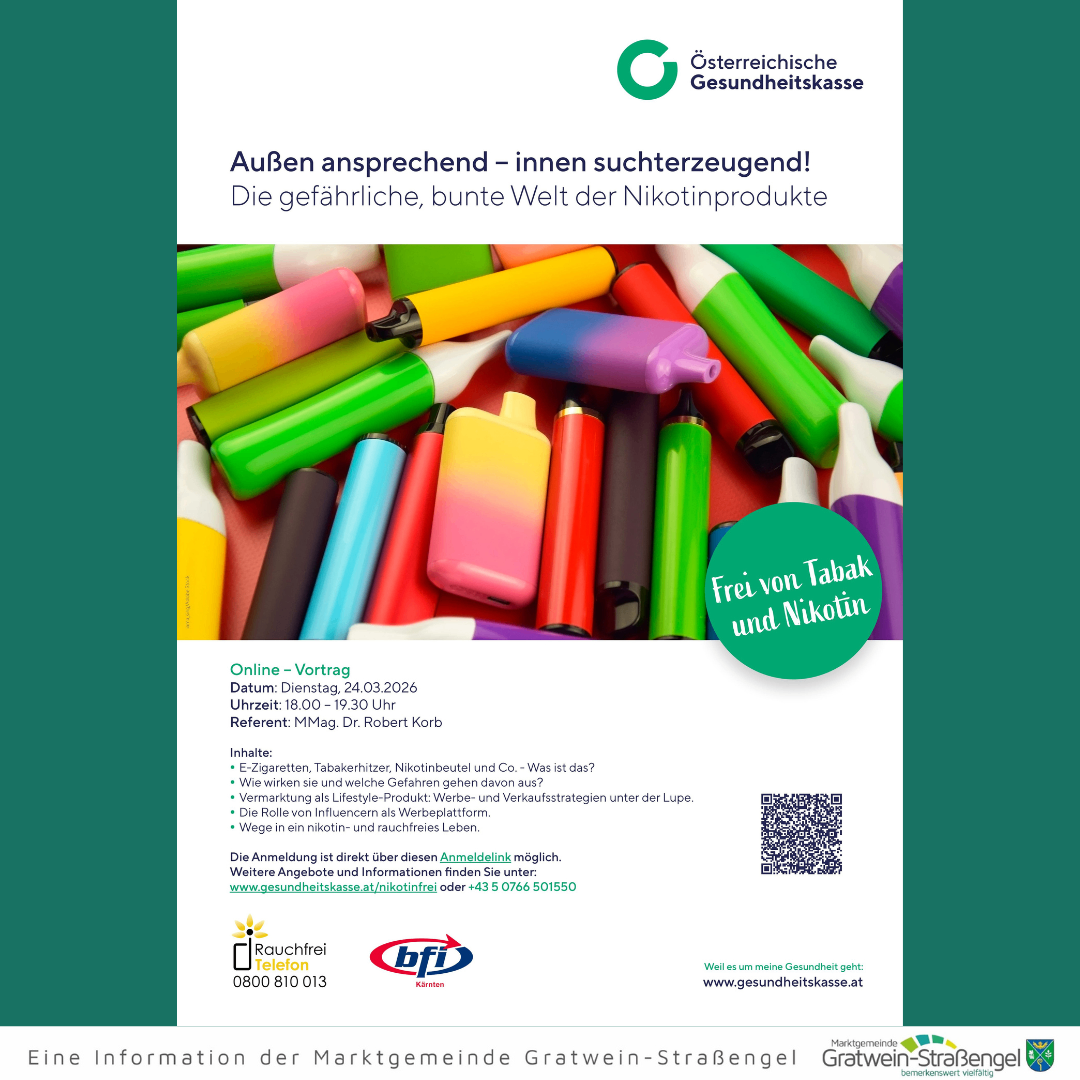 Ein österreichischer Gesundheitsversicherungsflyer zeigt verschiedene Nikotinprodukte und betont die Gefahren und Suchtpotenzial dieser Produkte. Er enthält Datum, Uhrzeit und Kontaktinformationen für eine Online-Präsentation.