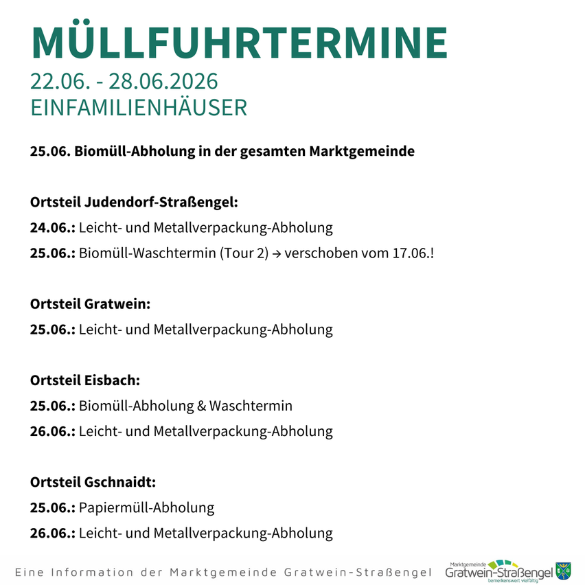 Ein Plakat zeigt Abfallsammeltermine für verschiedene Bereiche vom 22. Juni bis 28. Juni 2026. Abschnitte umfassen Biomüllsammlung, Papiermüllsammlung und leichte und metallische Verpackungssammlung. Orte sind Judendorf-Straßengel, Gratwein, Eibisbach und Gschaid.