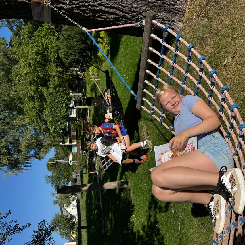 Drei Kinder spielen auf einer Schaukel, die an einem Baumstamm in einem Park befestigt ist. Ein Mädchen sitzt auf der Schaukel, und zwei Jungen sind hinter ihr.