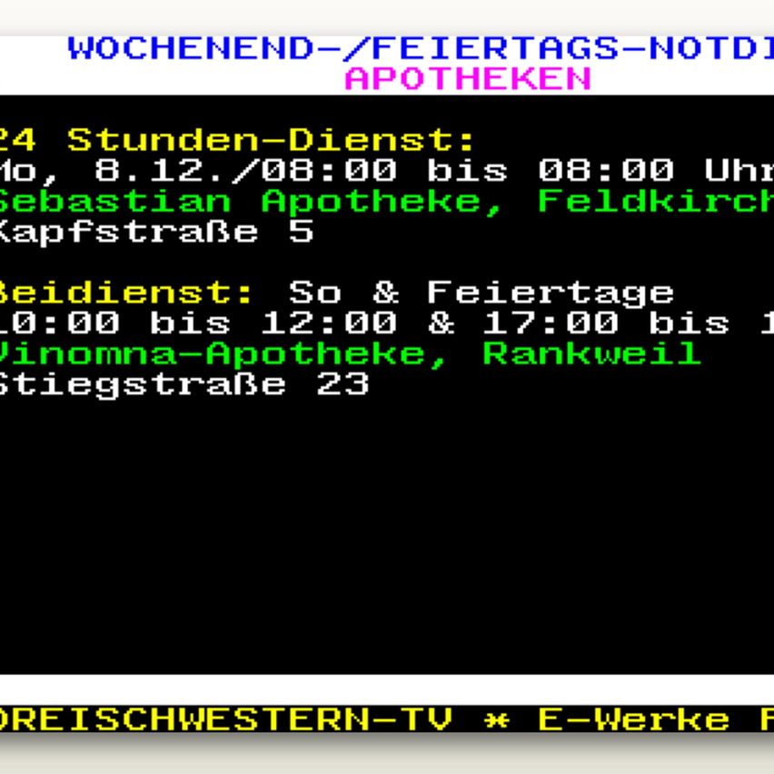 Wochenend-/Feiertags-Notapotheken. Sebastian Apotheke bietet 24-Stunden-Dienst am 8.12. von 8:00 bis 8:00 Uhr. Zusätzlicher Dienst an Sonntagen und Feiertagen von 0:00 bis 12:00 & 17:00 bis 12:00 Uhr bei Vinomma Apotheke.