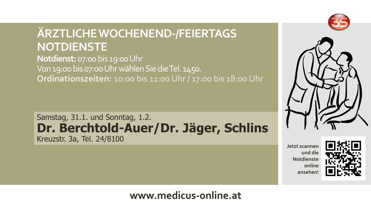 Wochenend-/Feiertagsstunden. Von 7:00 bis 19:00 Uhr. Geschlossen: 10:00 bis 11:00 Uhr / 17:00 bis 18:00 Uhr. Tel.: 24/8100. Besuchen Sie www.medicus-online.at.