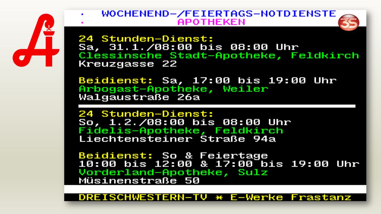 Das Bild zeigt Öffnungszeiten von Apotheken in Deutsch. Wochenend- und Feiertagszeiten sind für verschiedene Apotheken aufgeführt.