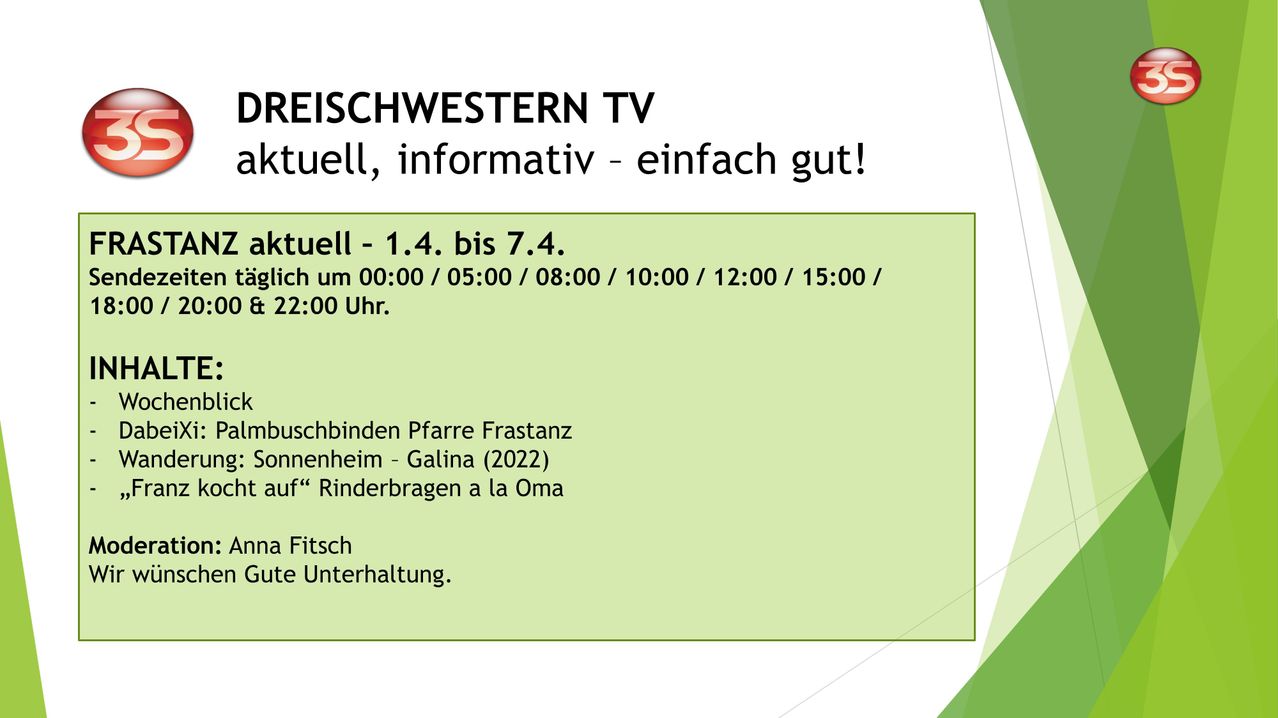 Reichwestern TV ist aktuell informativ und einfach gut! Zeitplan: täglich vom 1. April bis 7. April um 00:00, 05:00, 08:00, 10:00, 12:00, 15:00, 22:00 Uhr.