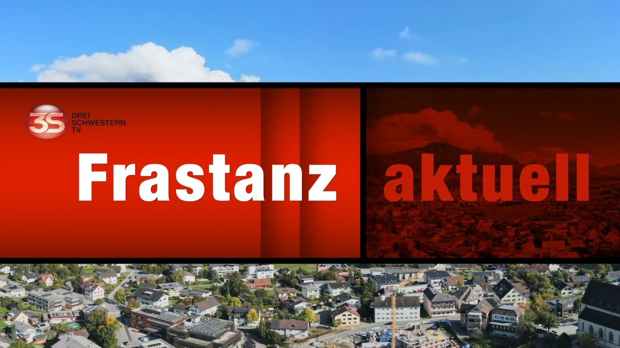 A red banner with the word 'astanz' in white letters is above an aerial view of a town. The background is red with a mountain and clouds.