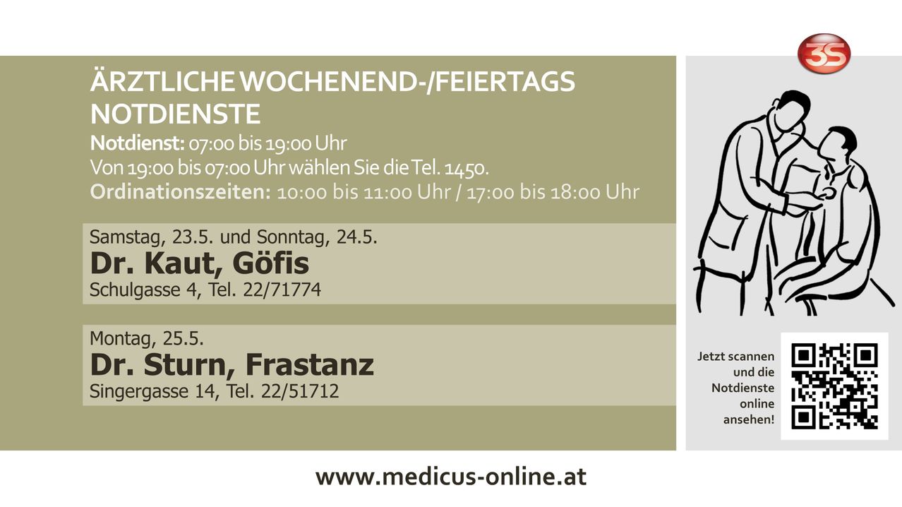 Wochenend- und Feiertagszeiten: 07:00 bis 19:00 Uhr. Ab 07:00 Uhr wählen Sie die Tel. 1450. Ausnahmen: 10:00 bis 11:00 Uhr / 17:00 bis 18:00 Uhr. Am 24. Mai: Dr. Gofis oder Dr. Frastanz. Website: www.medicus-online.at.