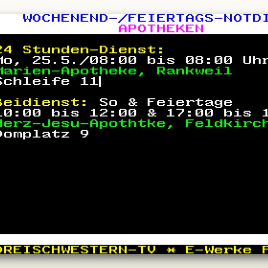 Wochenend-/Feiertags-Notapotheken. 24-Stunden-Dienst: Mo, 25.5./08:00 bis 08:00 Uhr Marien-Apotheke, Rankweil, Schleife 11. Öffnungszeiten: Sa & Feiertage, 0:00 bis 12:00 und 17:00 bis 1, Herz-Jesu-Apotheke, Feldkirch, Platz 9.