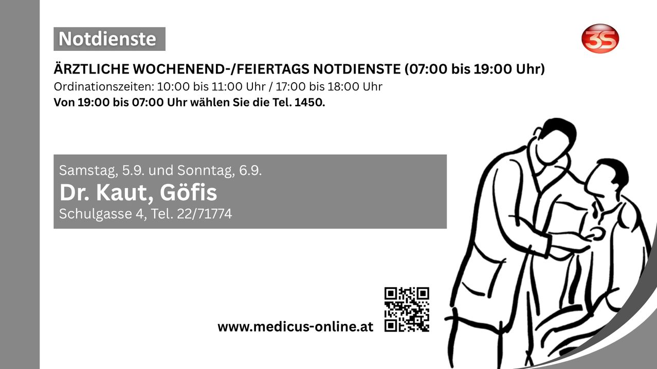 Werbung für einen medizinischen Dienst, zeigt den Namen 'Gofis', eine Telefonnummer und eine Website. Der Dienst ist an Wochenenden und Feiertagen von 7:00 Uhr bis 19:00 Uhr verfügbar.