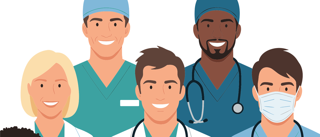 Ein vielfältiges Team von Gesundheitsfachkräften in grünen Kitteln, blauen Mützen und Masken. Einige tragen Stethoskope. Sie lächeln, was auf eine positive Umgebung hinweist.