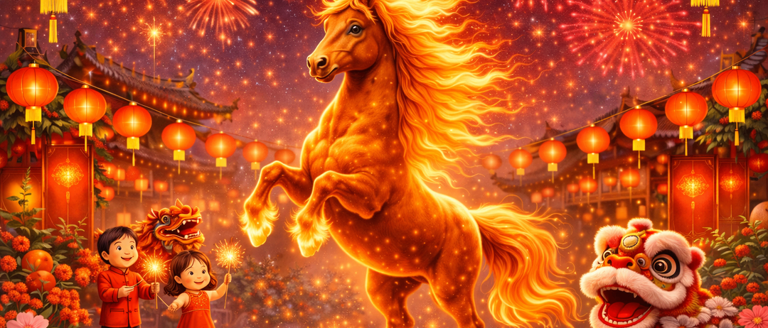 Ein feuerspeiender Hengst galoppiert unter Feuerwerk, mit Kindern, die Funkenspüler halten, und einer Drachenstatue im Hintergrund.