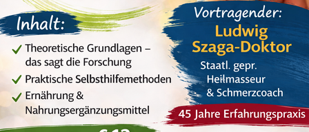 An event for self-regulation for those affected and their relatives. Date: May 20, 2026. Time: 18:00 - 21:00. Location: 3580 Horn, Florianigasse 11. Speaker: Ludwig Szag. Topics: Theoretical basics, practical self-help methods, nutrition and nutritional supplements. Minimum donation: 12 euros. Organizer: S-Treff.