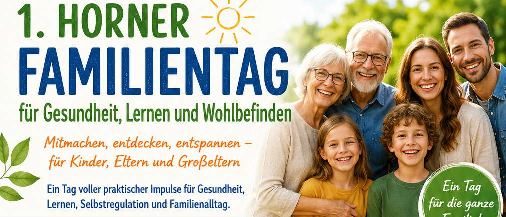 Ein Familientag am Samstag, 5. September 2026, von 09:00-16:00 Uhr am Campus Horn. Beinhaltet Vormittags- und Nachmittagssitzungen, verschiedene Aktivitäten und familienfreundliche Einrichtungen. Anmeldung erforderlich bis 31. August 2026.