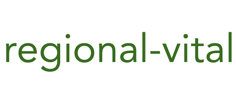 Das Logo von regional-vital zeigt ein weißes Quadrat mit bunten Blättern und einer Figur in der Mitte. Der Text lautet 'regional-vital' in Grün.