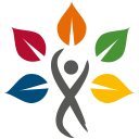 Eine menschliche Figur, umgeben von sechs bunten Blättern in verschiedenen Farben, hält ein zentrales orangefarbenes Blatt. Der Hintergrund ist schwarz.