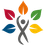 LR LebenstRäume-Logo. Eine menschliche Figur, umgeben von sechs bunten Blättern in verschiedenen Farben, hält ein zentrales orangefarbenes Blatt. Der Hintergrund ist schwarz.