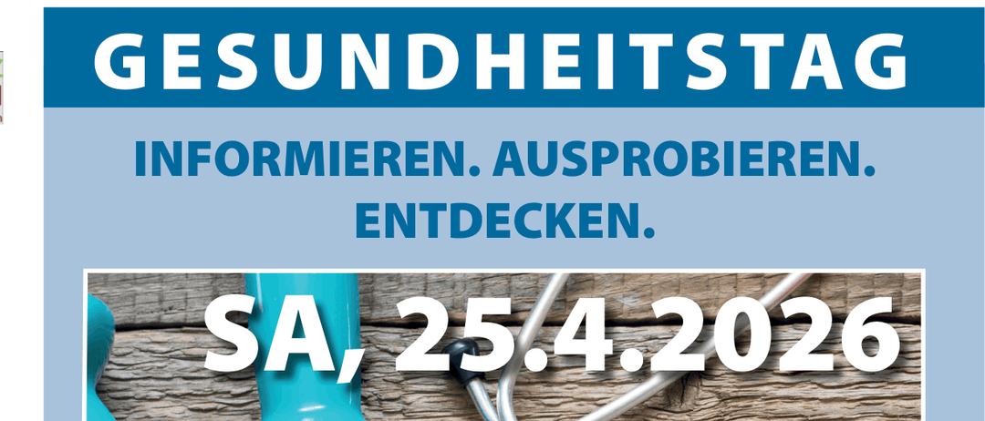 Ein Eventposter mit Logos, Text und Bildern von einem Stethoskop, einer Hantel und Gemüse. Der Text lautet 'Gesundheitsinformieren. Ausprobieren. Entdecken.' Das Datum ist 25.4.2023. Die Veranstaltung findet bei Bruno, Franz Weiss-Platz 7 statt.