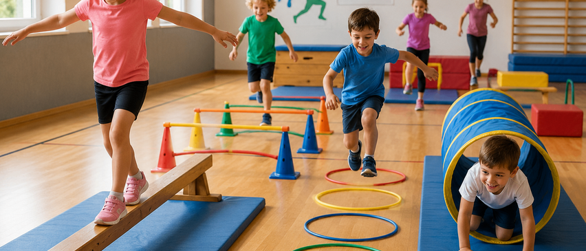 Kinder spielen in einem Fitnessstudio mit bunter Ausrüstung. Ein Mädchen springt über eine Hürde, und ein Junge kriecht durch einen Tunnel. Andere Kinder laufen und spielen in der Nähe.