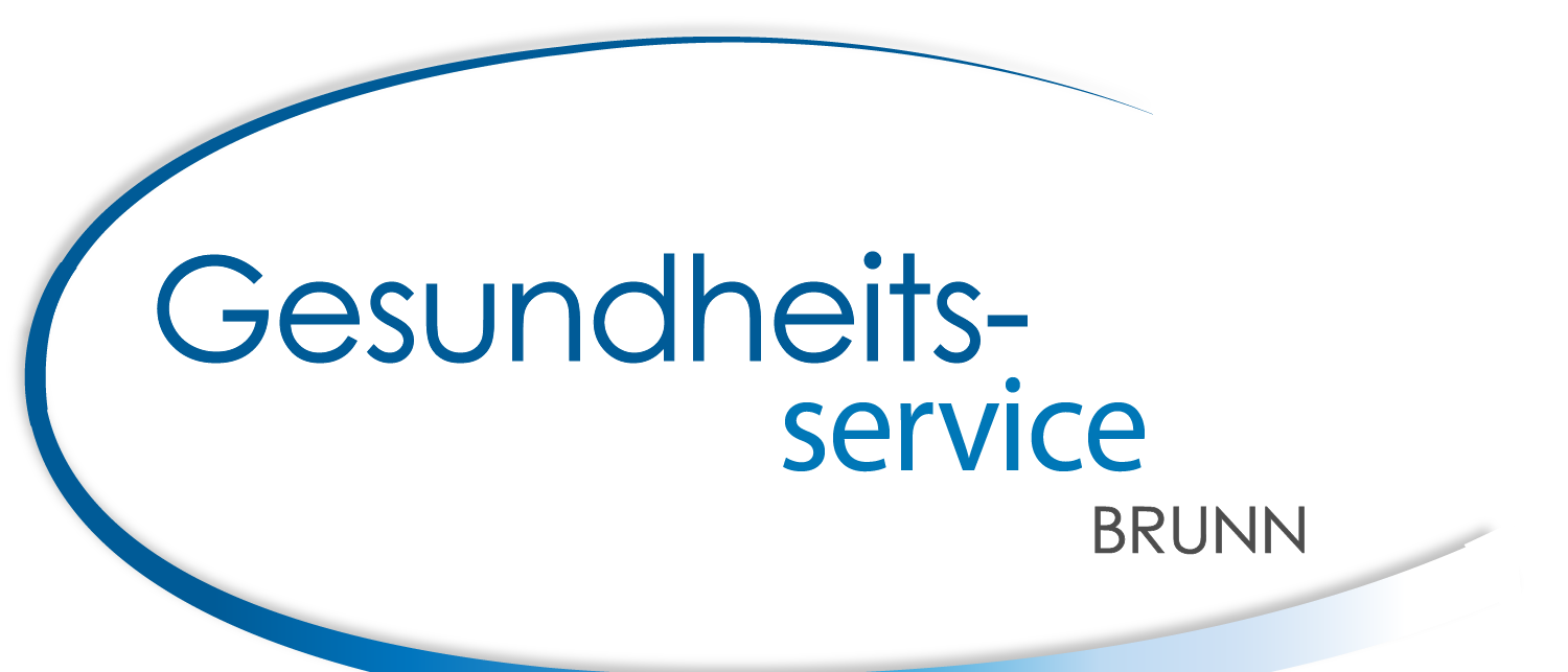 Ein Logo für Gesundheitsdienste von BRU, in blauer Schrift, auf schwarzem Hintergrund.