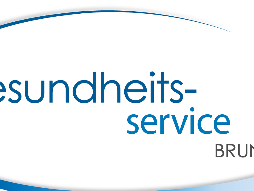 Ein Logo für Gesundheitsdienste von BRU, in blauer Schrift, auf schwarzem Hintergrund.