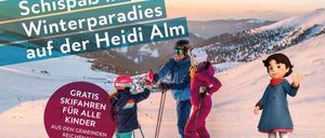 Ein Werbebild für kostenloses Skifahren für alle Kinder in den Gemeinden Reichenau und Gnesau. Erwachsene und Kinder fahren im verschneiten Gebirge Ski. Ein Logo für Heidi Alm ist sichtbar.