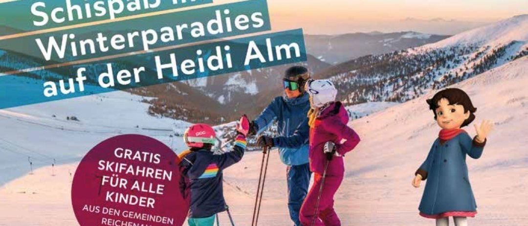 Ein Werbebild für kostenloses Skifahren für alle Kinder in den Gemeinden Reichenau und Gnesau. Erwachsene und Kinder fahren im verschneiten Gebirge Ski. Ein Logo für Heidi Alm ist sichtbar.