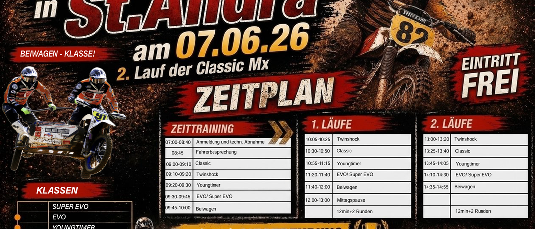 Plakat für St. Andra Classic MX Event am 07.06.26. Beinhaltet Zeitplan mit Anmeldung, technischer Abnahme und Rennkategorien. Zeigt Fahrer auf Motorrad mit Nummer 82.