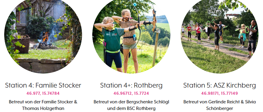 Station 4: Rothberg. Eine Frau zielt mit einem Bogen. Koordinaten: 46.96712, 15.7724.