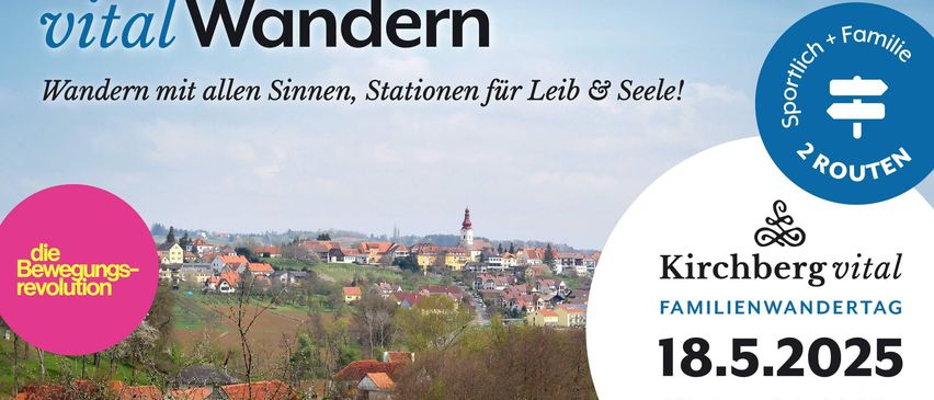 Ein Werbeplakat für 'Wandern' mit einem malerischen Dorf im Hintergrund. Es verspricht Stationen für Körper und Seele, datiert 18.5. mit dem Ort Kirchpark.