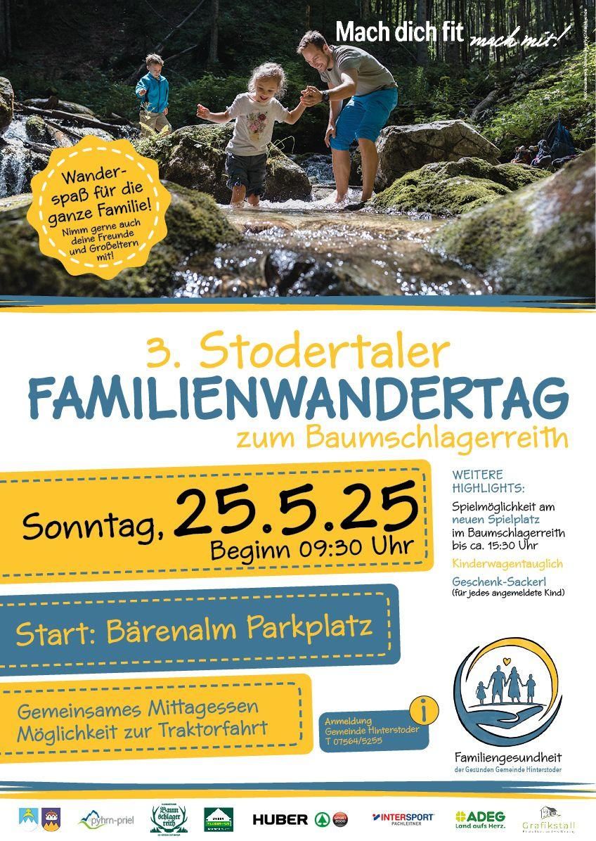 Plakat für den 3. Stodertaler Familienwandertag. Datum: 25. Mai 2025. Beginn: 09:30 Uhr. Ort: Bärenalm Parkplatz. Familienwandertag mit neuem Spielplatz. Geeignet für Kinder.