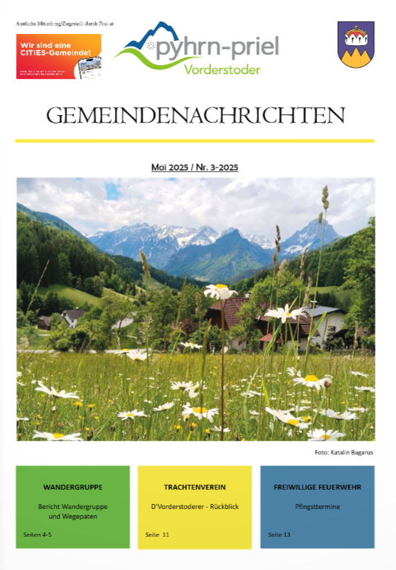 Gemeindenachrichten von Mai 2025. Das Cover zeigt eine malerische Wiese mit Gänseblümchen, einem Haus und Bergen. Abschnitte umfassen Wandergruppe, Sportverein und Freiwillige Feuerwehr.