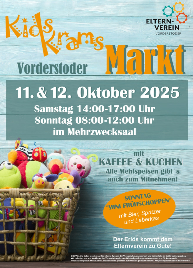 Vordersteder Kindermarkt-Werbeposter mit Spielzeug und Kaffee. Es findet am 11. und 12. Oktober 2025 von 14:00 bis 17:00 Uhr am Samstag und von 08:00 bis 12:00 Uhr am Sonntag statt.