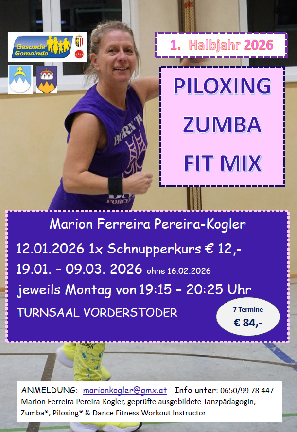 Ein Werbeposter für Fitnesskurse, auf dem eine lächelnde Frau in einem lilafarbenen T-Shirt posiert. Der Plakat enthält Aktivitäten wie Piloxing, Zumba und Fit Mix. Details zum Zeitplan und zu den Preisen sind ebenfalls angegeben.