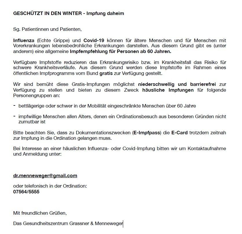 Das Dokument 'Gesundheitszentrum Grassner & Menneweger' informiert Patienten über die Verfügbarkeit kostenloser Grippe- und Covid-19-Impfungen für Personen über 60 und Menschen mit eingeschränkter Mobilität. Es bietet Kontaktdaten für die Terminvereinbarung.