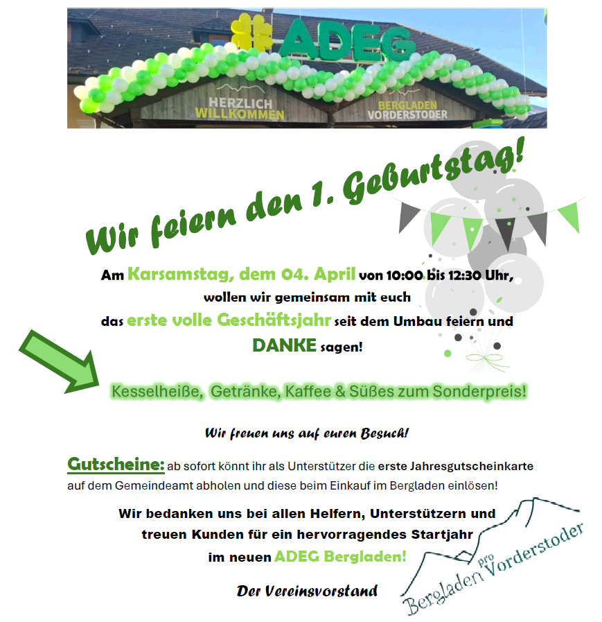 Postcard celebrating the first anniversary of ADEG Bergladen Vorderstoder. Event on April 4th, 10:00 to 12:30. Free snacks, drinks, coffee, and desserts. Thank you to supporters, helpers, and customers.