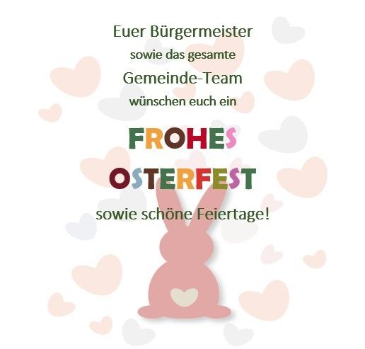 Postcard with a pink rabbit, surrounded by pink hearts, wishing everyone a happy Easter festival and beautiful holidays.