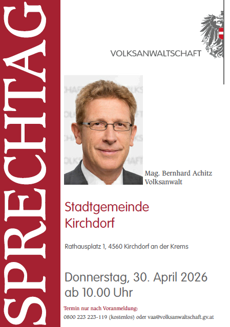 An announcement of a speech event with Mag. Bernhard Achitz in Kirchdorf on April 30, 2026. The event is at Rathausplatz 1, 4560 Kirchdorf an der Krems. Registration is required.