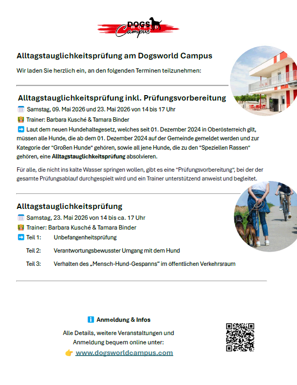 Dogsworld Campus lädt zur täglichen Geschicklichkeitsprüfung ein. Termine: 09. und 23. Mai 2026, 14-17 Uhr. Trainer: Barbara und Tamara. Alle Hunde müssen bis 01. Dezember 2024 getestet sein. Online-Anmeldung verfügbar.