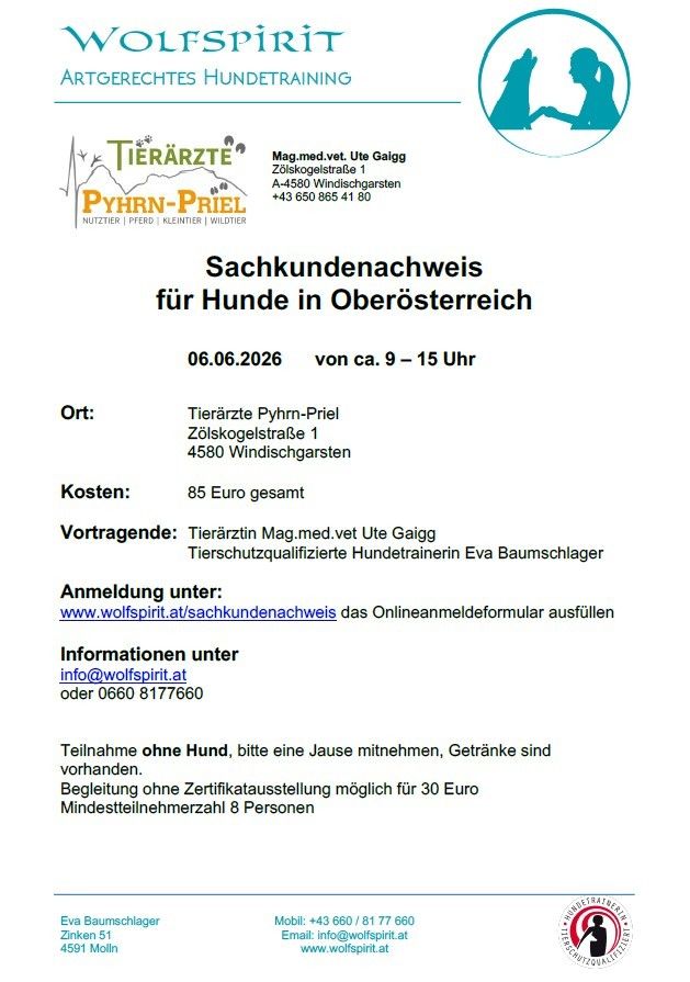 Veranstaltung für Hunde in Oberösterreich. 6. Juni 2026, von 9-15 Uhr. Ort: Tierärzte Pyhrn-Priel. Kosten: 85 Euro. Anmeldung unter www.wolfspirit.at.