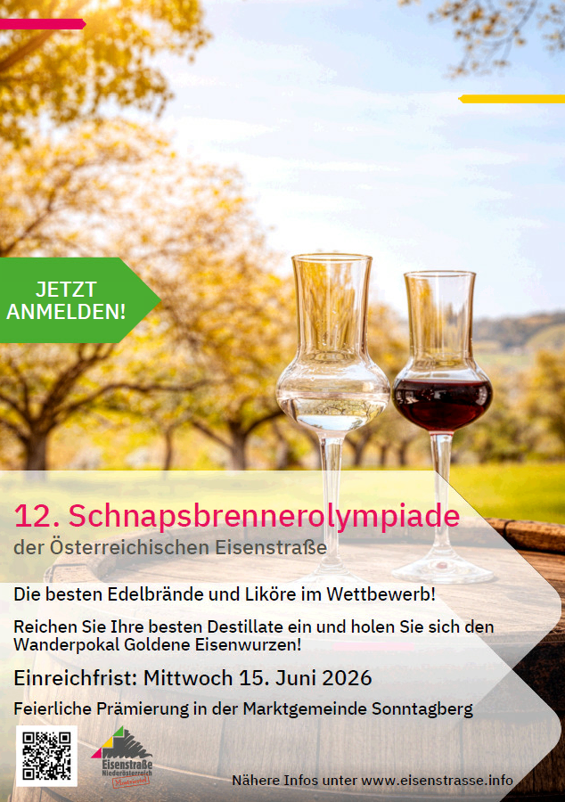 Wein- und Schnapsgläser mit einer Weinberglandschaft im Hintergrund. Das Plakat wirbt für die 12. Schnappsbrennerolympiade und lädt Teilnehmer ein, ihre besten Destillate einzureichen. Der Einreichungstermin ist der 15. Juni 2026.