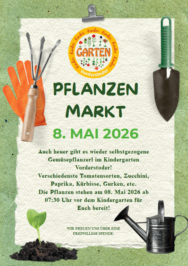 Pflanzenmarkt im Kindergarten mit verschiedenen Gemüsesorten wie Tomaten, Zucchini, Paprika und Gurken. Verfügbar am 08. Mai 2026 ab 07:30 Uhr. Spenden sind willkommen.