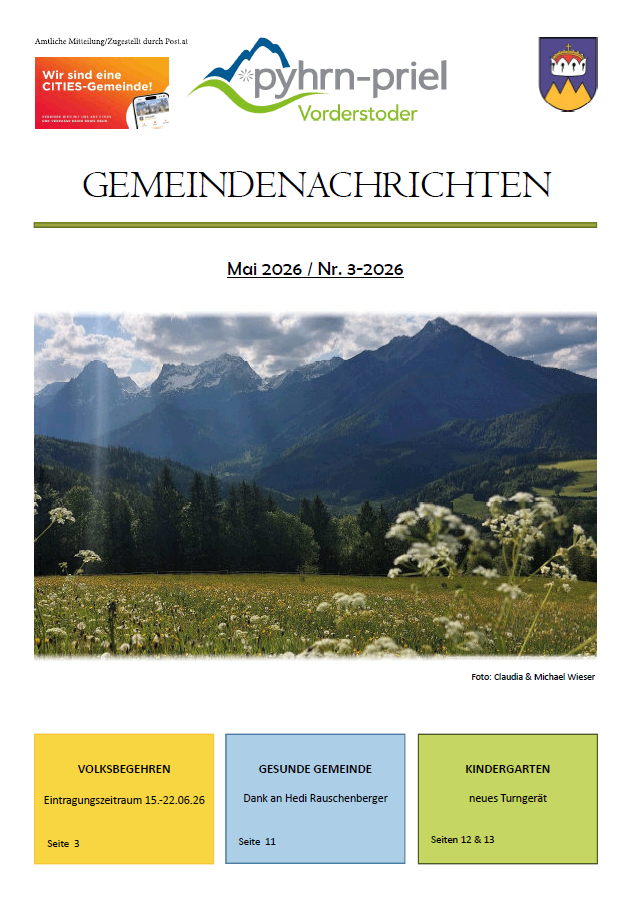 Titelseite der Gemeindenachrichten mit einer Berglandschaft, Datum Mai 2026, mit Beiträgen zu Volksbegeehren, gesunde Gemeinde und Kindergarten.
