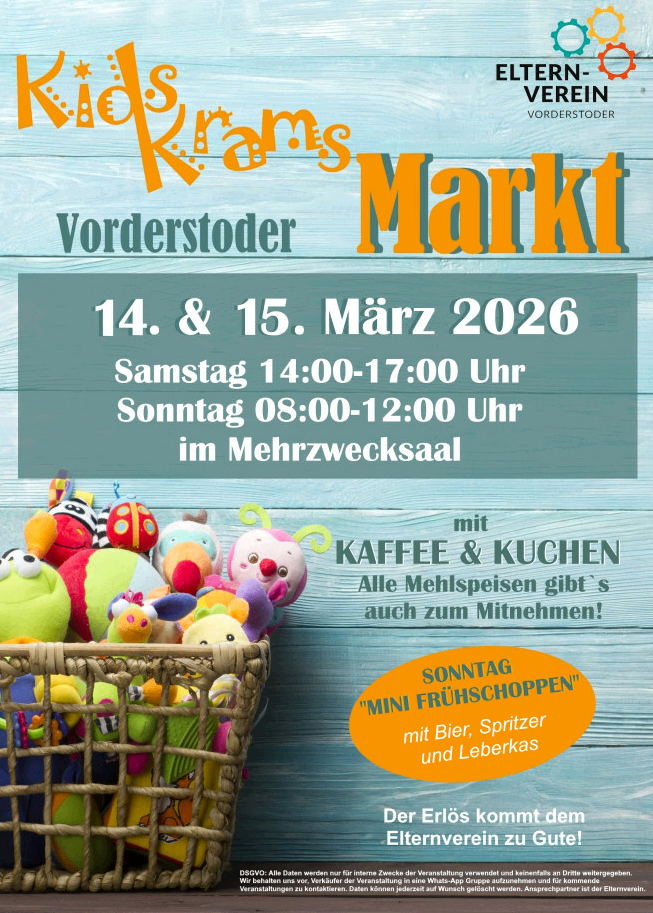 Plakat für den Vorderstoder Krams-Markt, geplant für den 14. und 15. März 2026. Geöffnet von 14:00-17:00 am Samstag und 08:00-12:00 am Sonntag im Mehrzwecksaal. Bietet Kaffee, Backwaren und Mahlzeiten. Ein Korb mit Plüschtieren ist ebenfalls abgebildet.