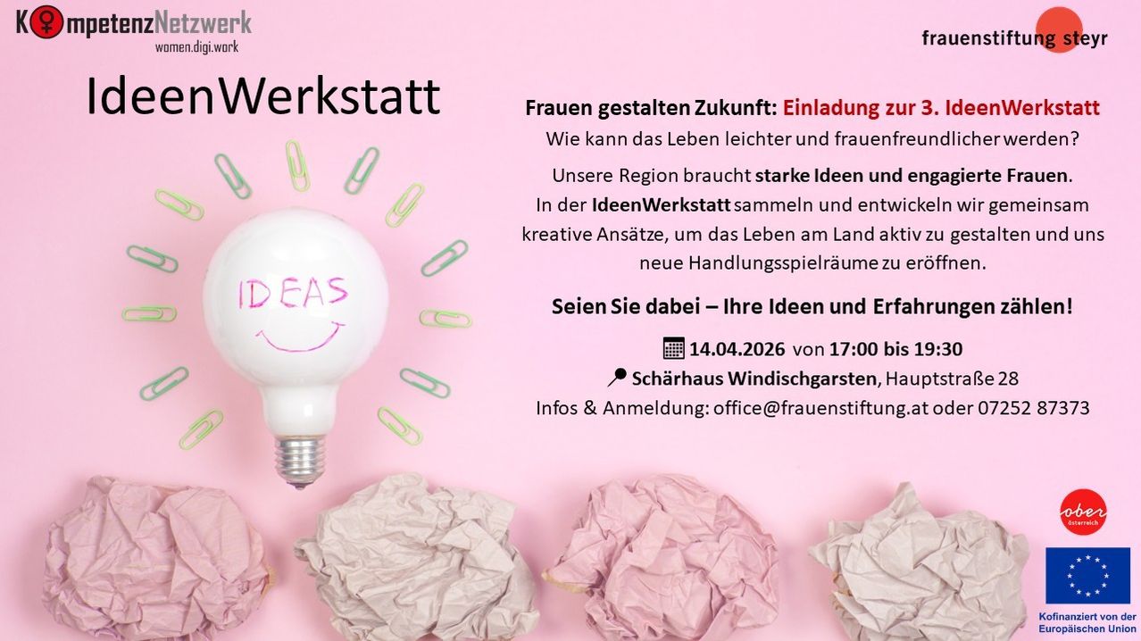 Workshop für Frauen mit einer lächelnden Glühbirne auf rosa Hintergrund. Der Text auf Deutsch lautet 'Frauen gestalten Zukunft'. Veranstaltungsdetails enthalten Datum, Uhrzeit und Ort.